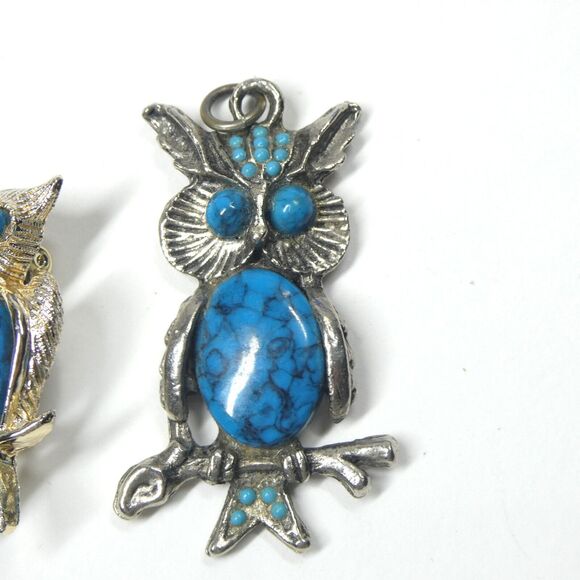 Owl Pendant & Brooch Vintage Turquoise Stone Jelly Belly 1970s Retro - Picture 2 of 5